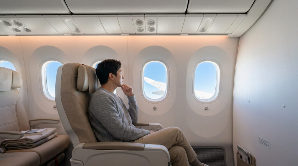 Passager assis dans un avion moderne, regardant par le hublot, symbolisant les longs trajets aériens.