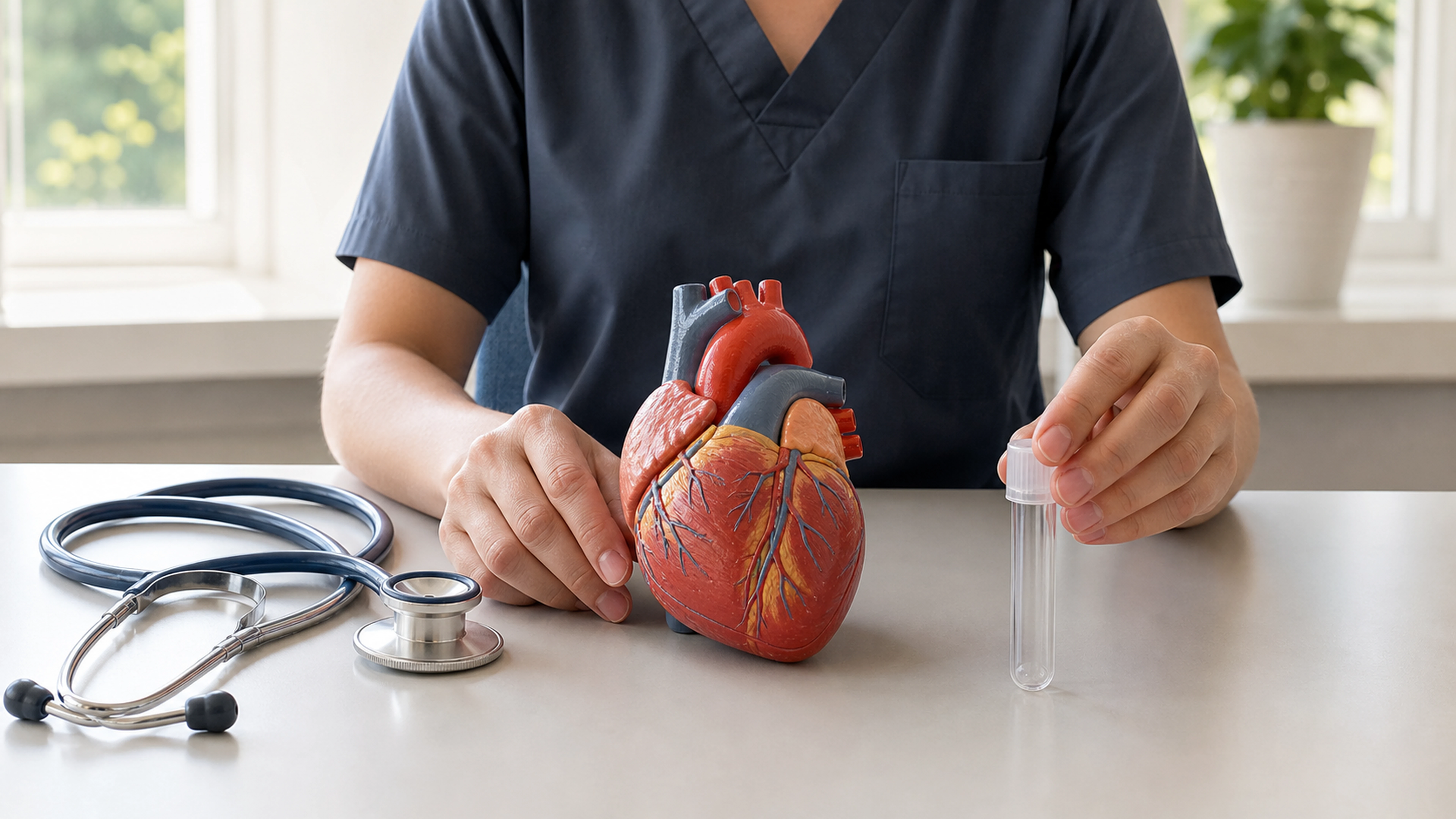 Professionnel de santé présentant un modèle de cœur près d’un tube de prélèvement et d’un stéthoscope