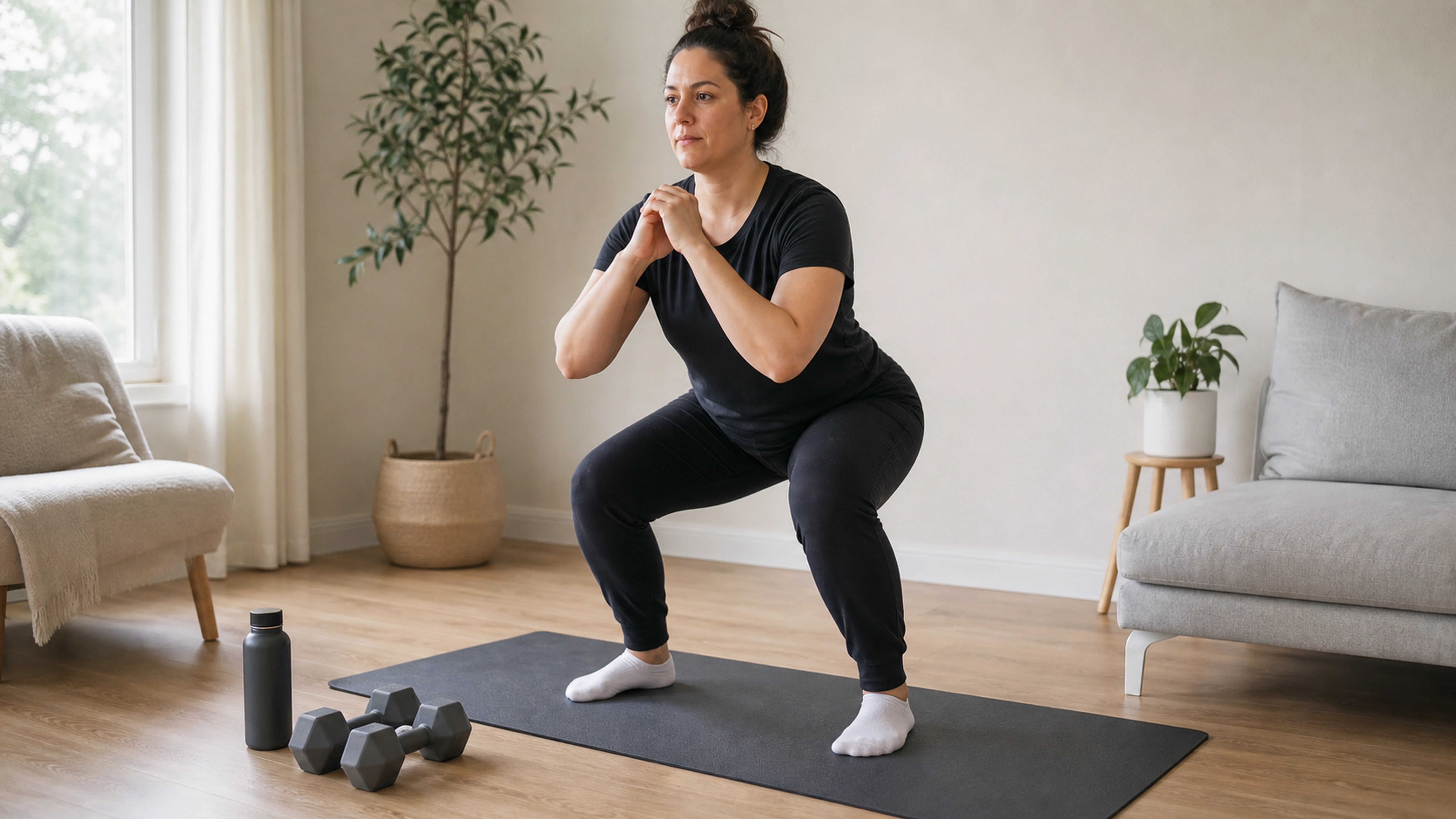 Femme effectuant un squat au poids du corps dans un salon lumineux