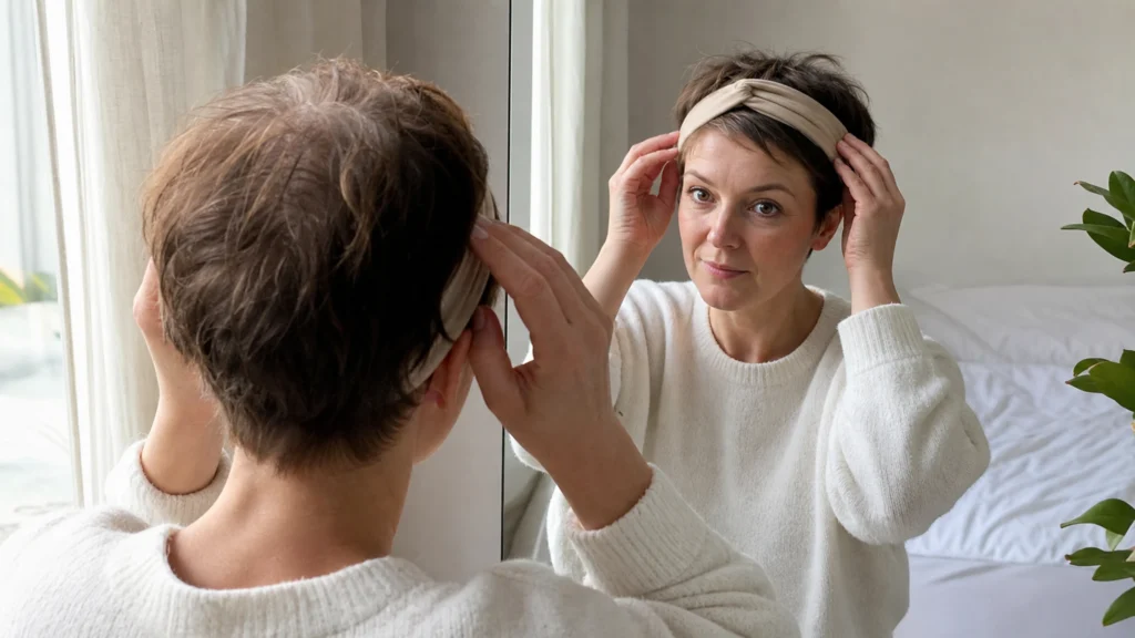 Femme ajustant un bandeau beige devant un miroir sur des cheveux clairsemés