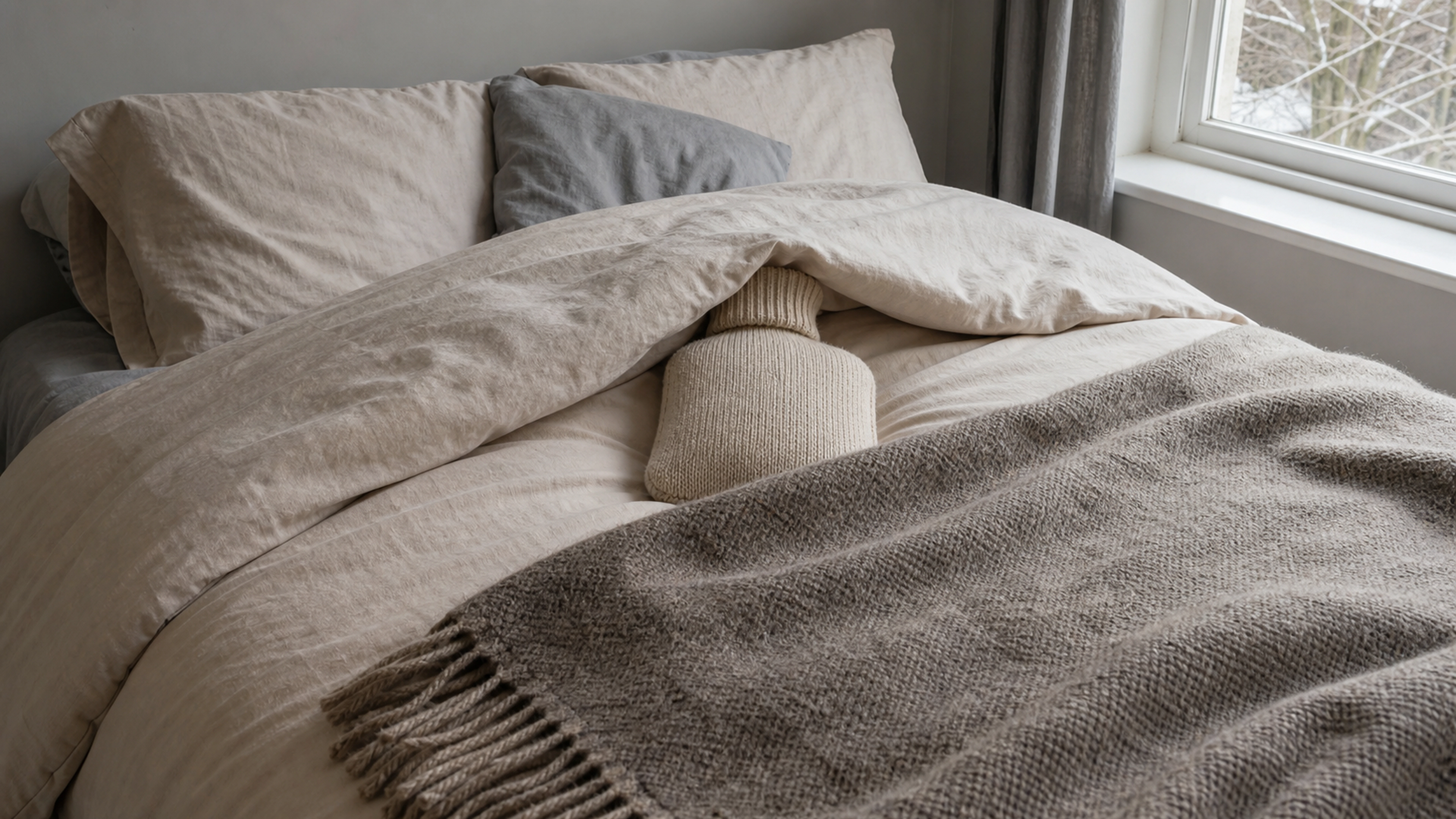 Lit douillet avec couette, plaid en laine et bouillotte sous les draps