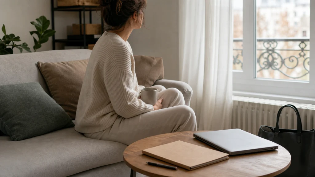 Femme au repos chez elle avec un dossier fermé et un ordinateur portable
