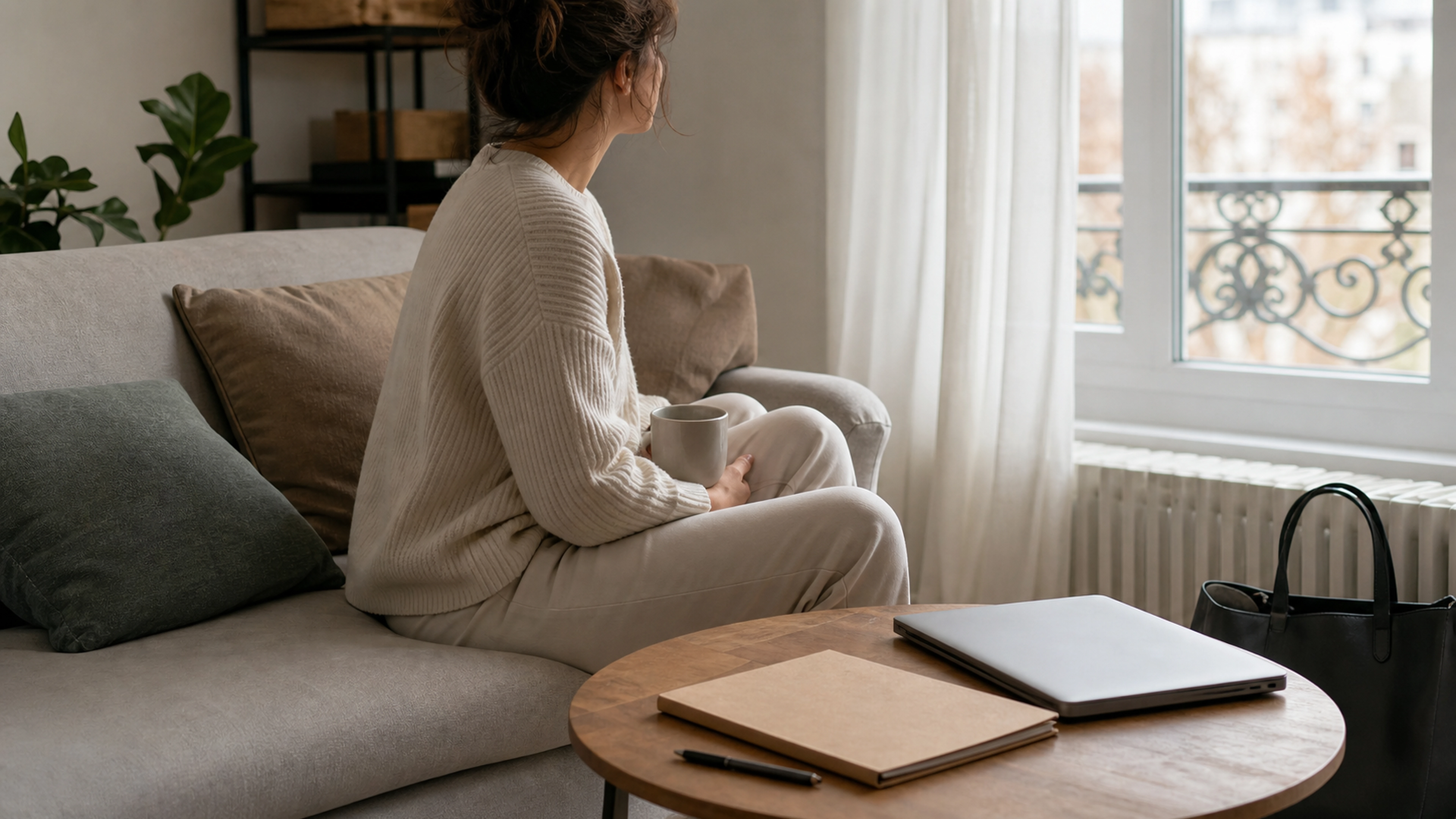Femme au repos chez elle avec un dossier fermé et un ordinateur portable