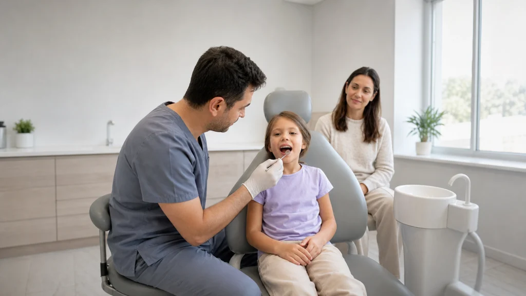 Dentiste examinant les dents de lait d’une enfant accompagnée d’un parent