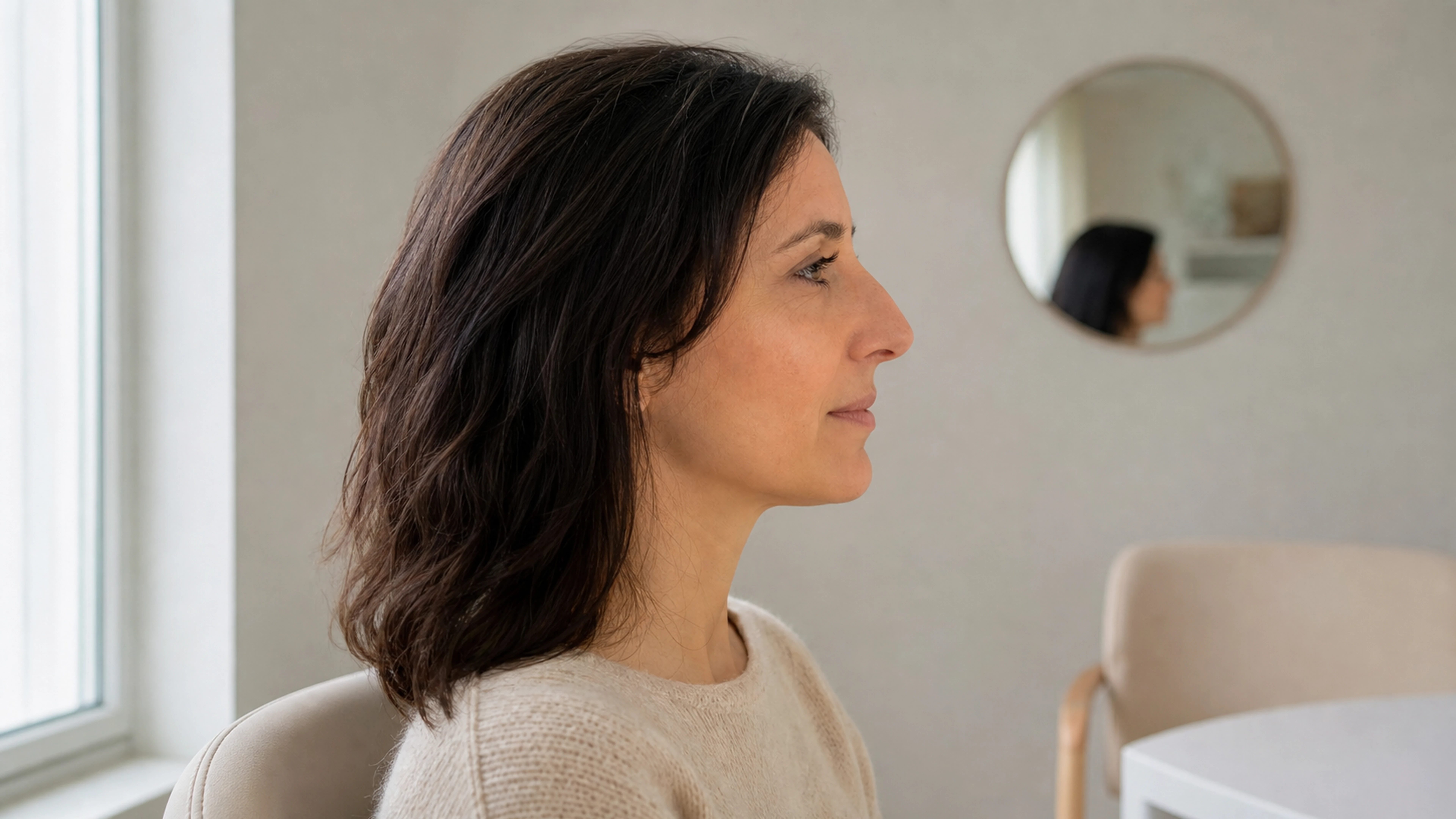 Profil d’une femme dans un cabinet lumineux, près d’un miroir