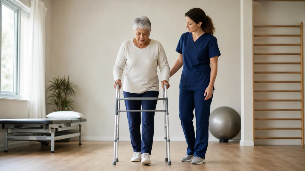 Une femme âgée marche avec un déambulateur sous la supervision d’une kinésithérapeute.