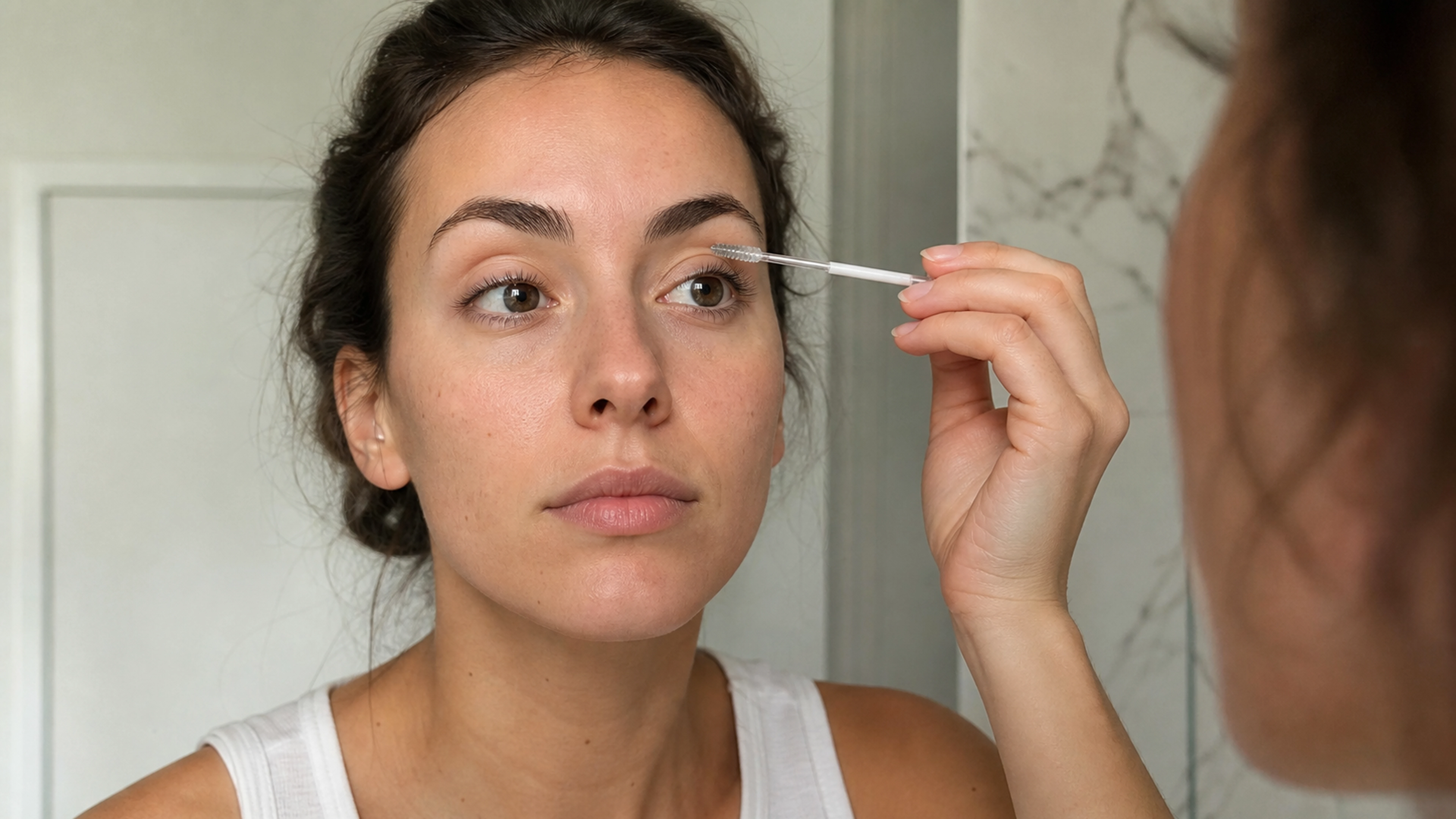 Femme appliquant délicatement un soin transparent sur ses cils devant un miroir