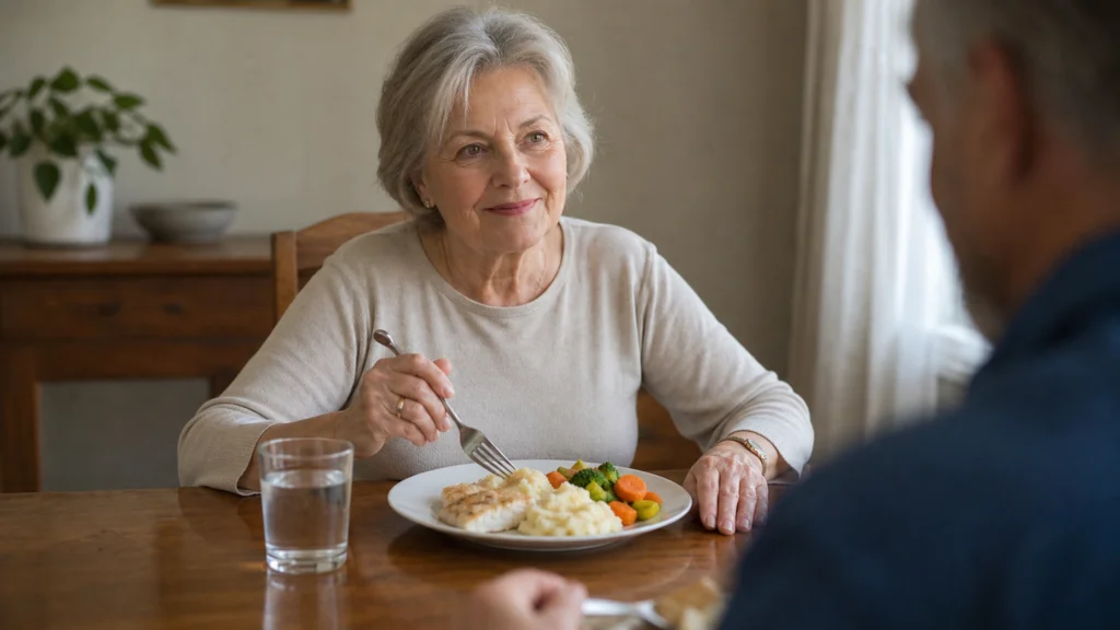 Une femme âgée partage un repas composé de poisson, purée, légumes tendres et eau