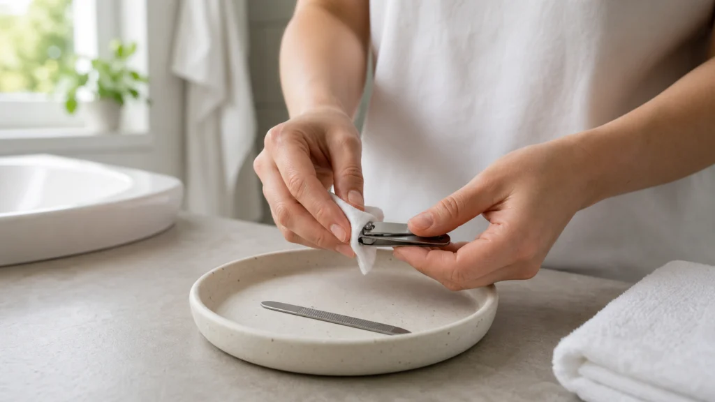 Personne désinfectant un coupe-ongles avec une compresse propre