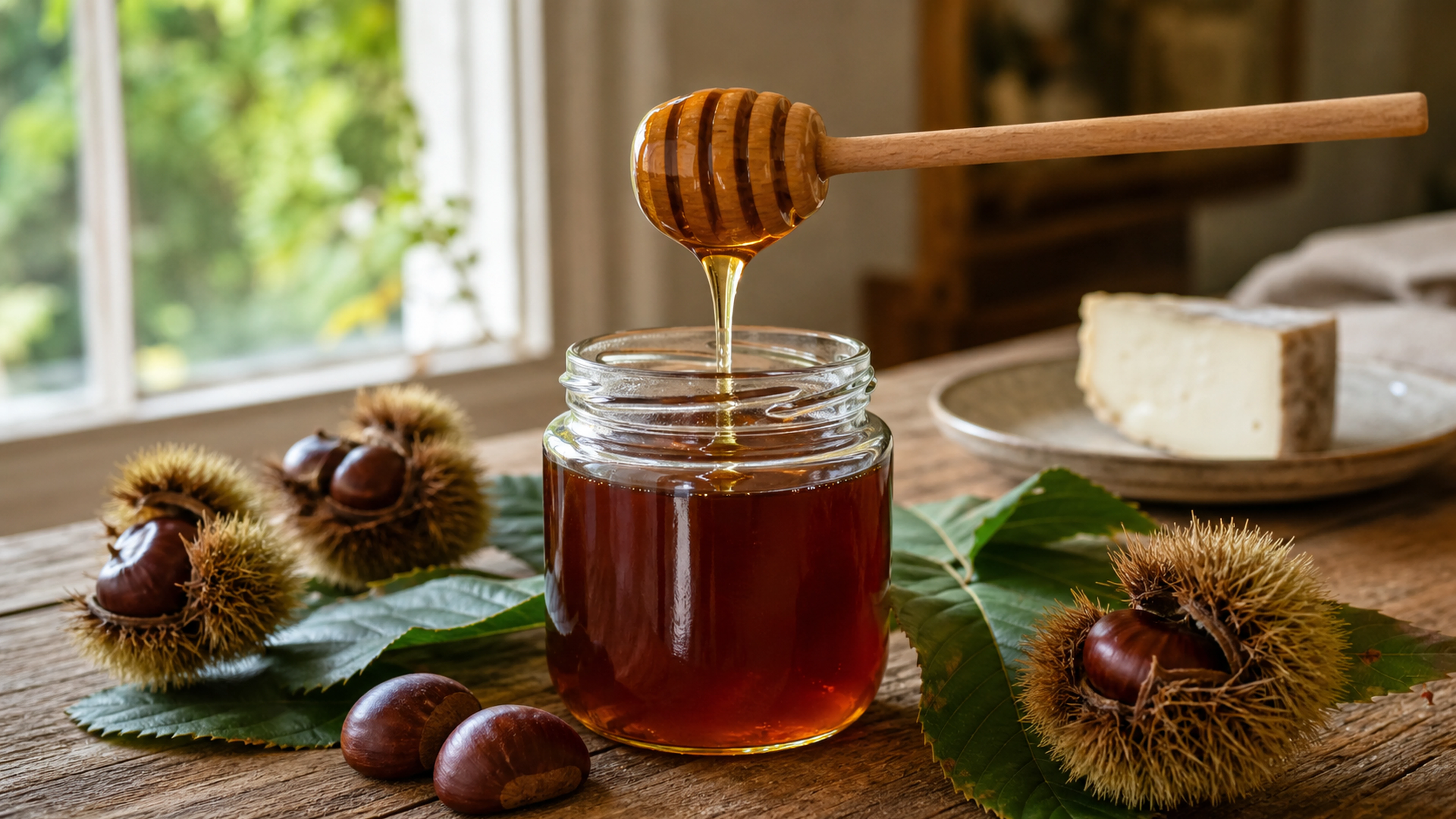 Pot de miel de châtaignier ambré avec cuillère en bois, châtaignes et fromage