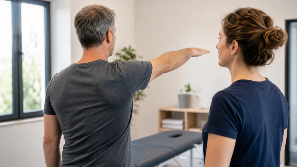 Un adulte lève doucement le bras pendant qu’une kinésithérapeute observe le mouvement de son épaule.