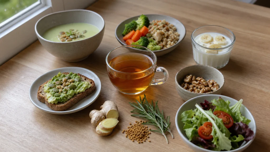 Six petites portions disposées autour d’une infusion avec gingembre et romarin