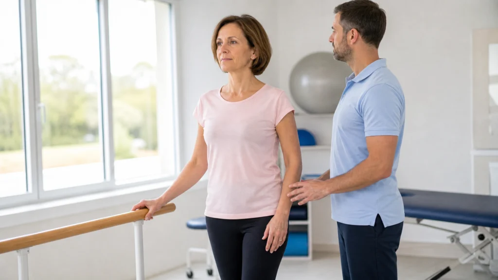 Femme réalisant un exercice d’équilibre avec un kinésithérapeute dans une salle lumineuse