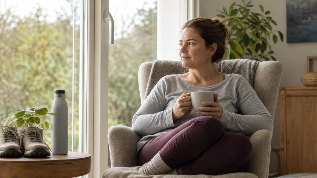 Femme assise près d’une fenêtre, tenant une tasse lors d’une pause au calme