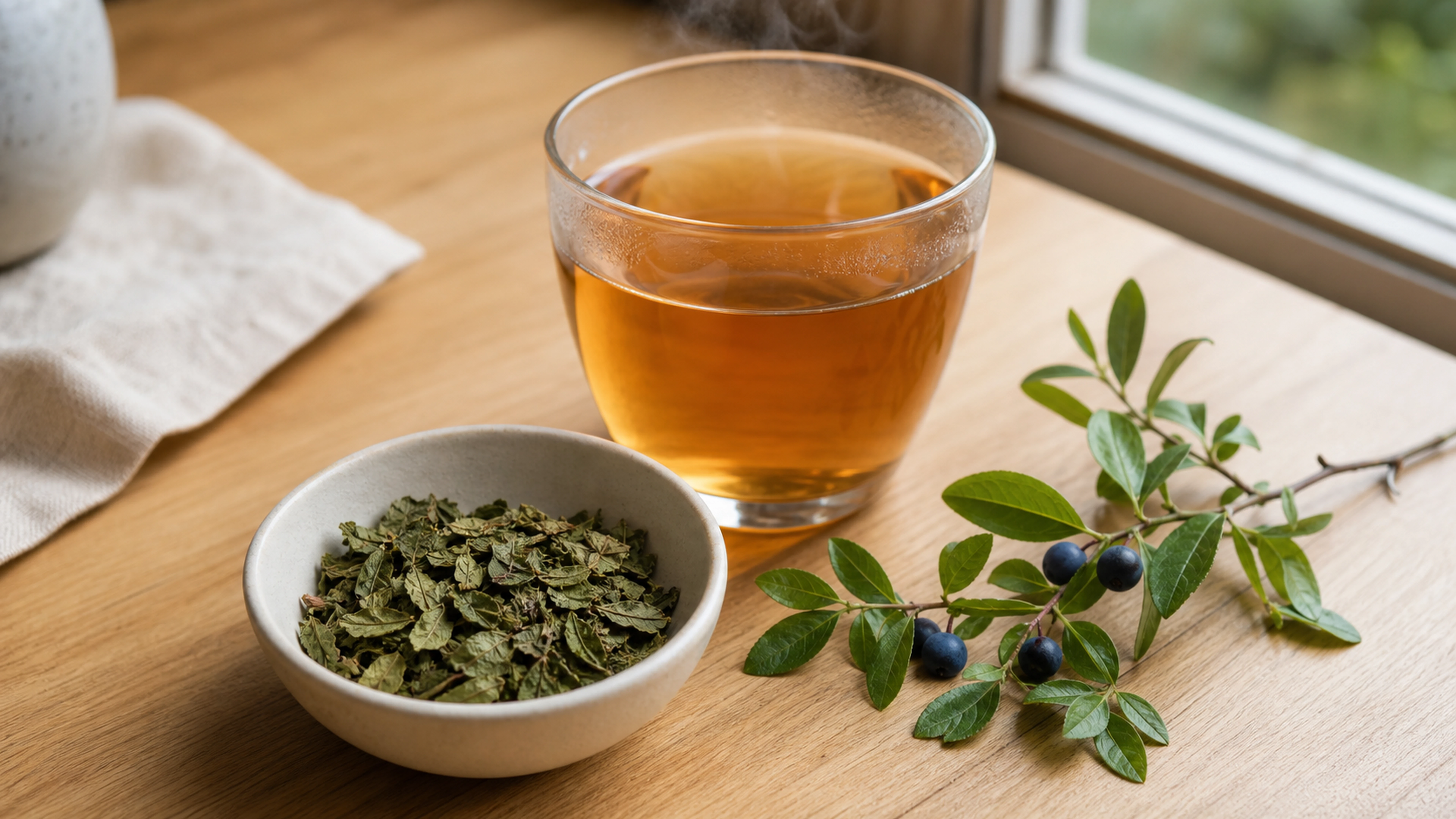 Tasse de tisane ambrée entourée de feuilles séchées et d’un rameau de myrtilles