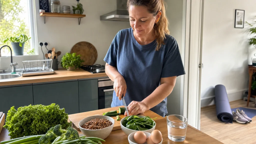 Une femme prépare un repas à base de légumes et de lentilles dans une cuisine lumineuse.