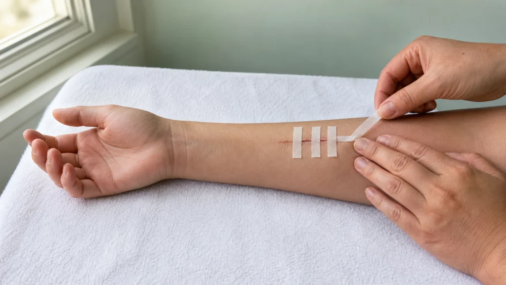 Retrait en douceur d’une bandelette adhésive sur un avant-bras cicatrisé