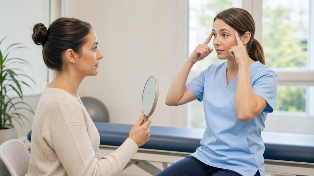 Patiente observant un exercice de rééducation faciale montré par une professionnelle de santé