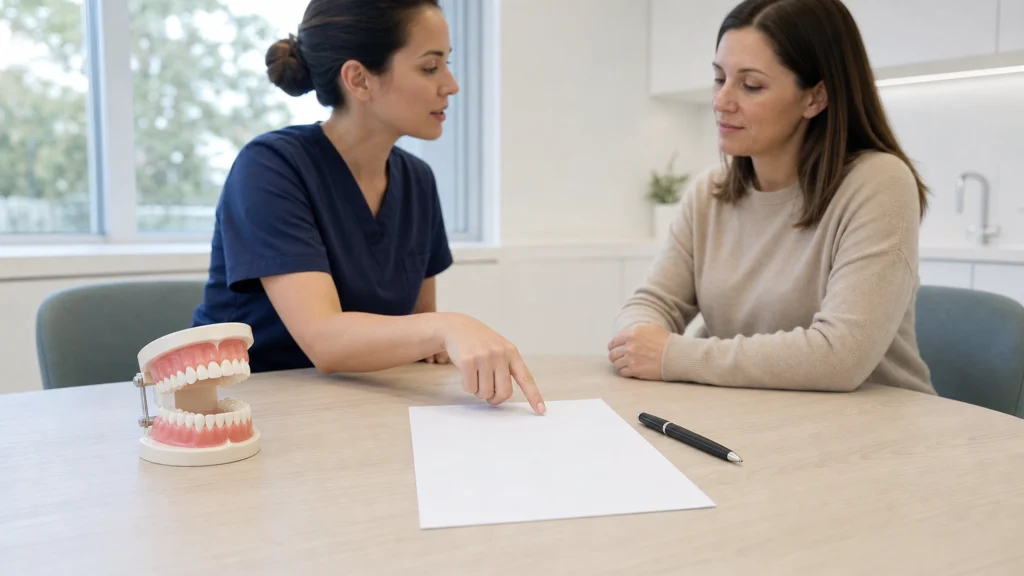 Dentiste présentant un devis à une patiente avec une maquette dentaire sur le bureau