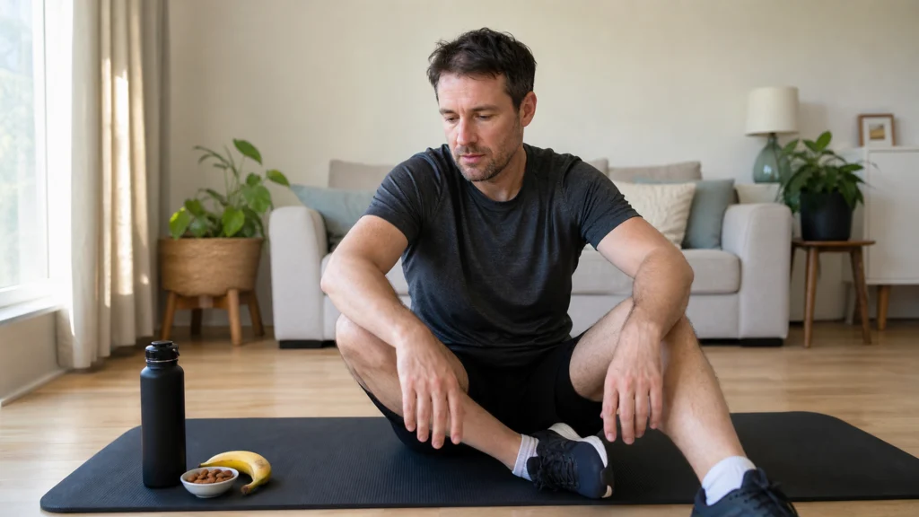 Homme assis sur un tapis de sport au repos avec une gourde, une banane et des amandes