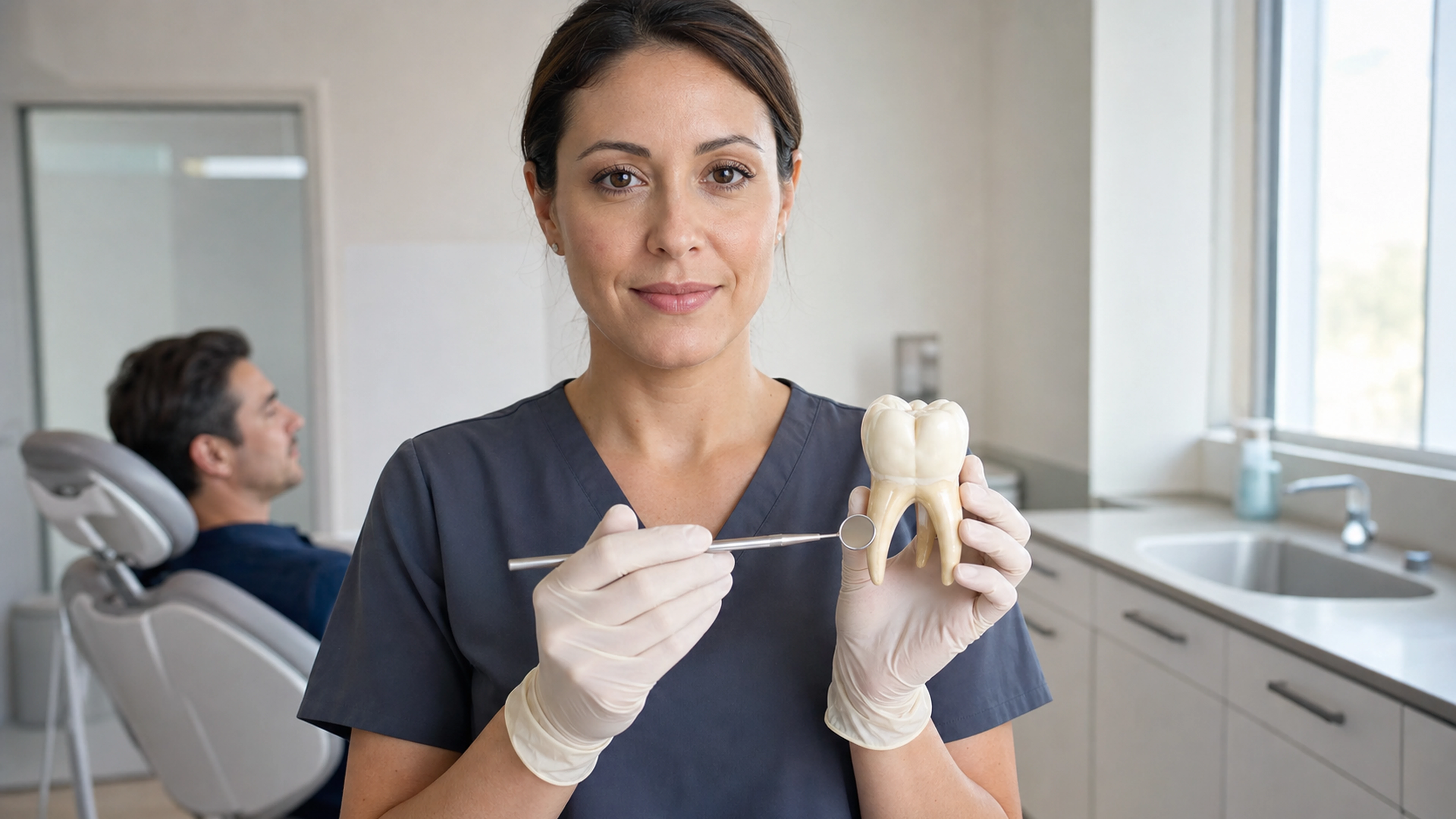 Dentiste présentant les racines d’un modèle de molaire dans son cabinet
