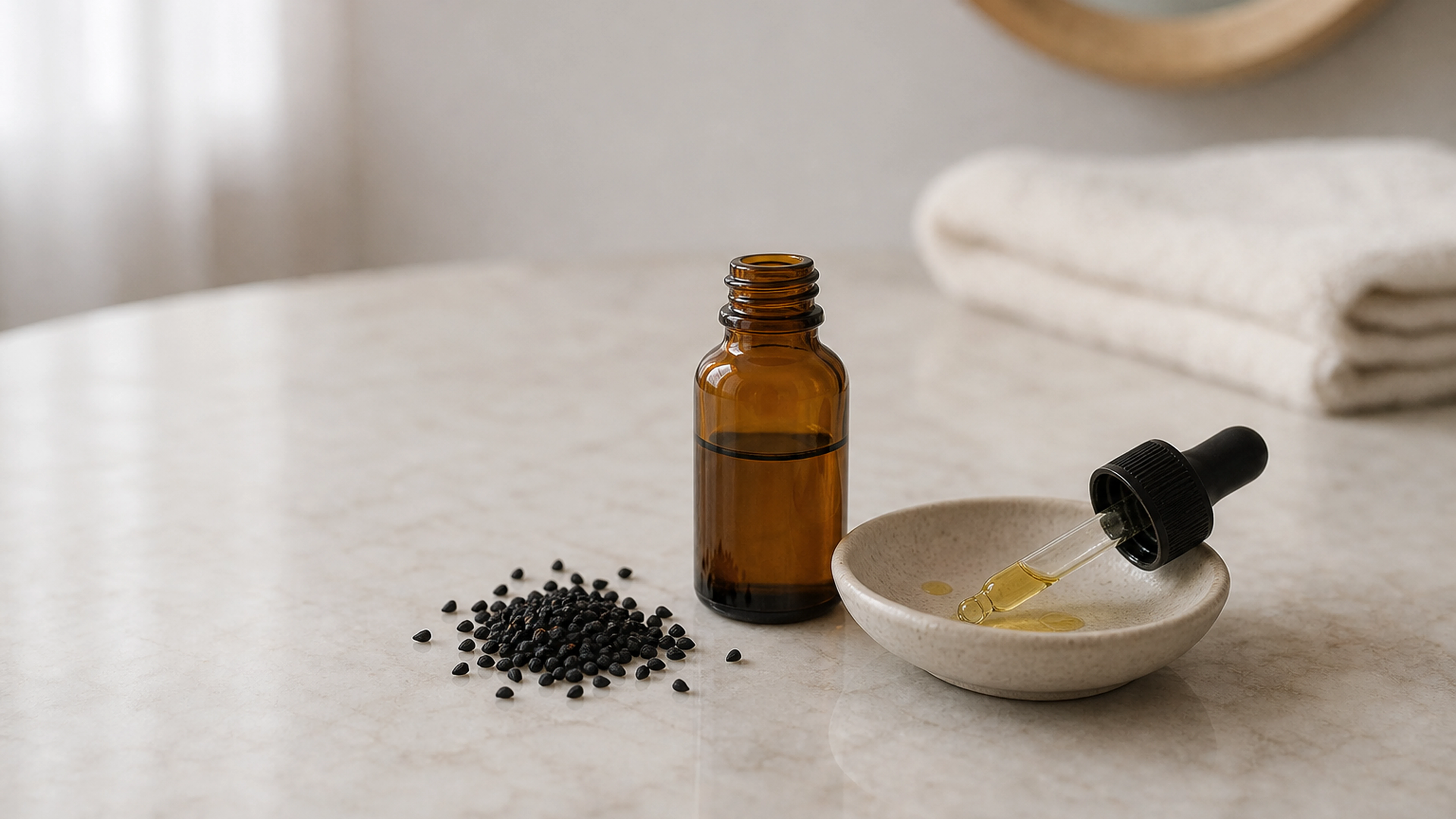 Flacon ambré d’huile végétale avec pipette et graines de nigelle