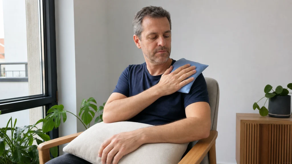 Homme au repos appliquant une compresse froide sur son épaule, le bras soutenu par un coussin.