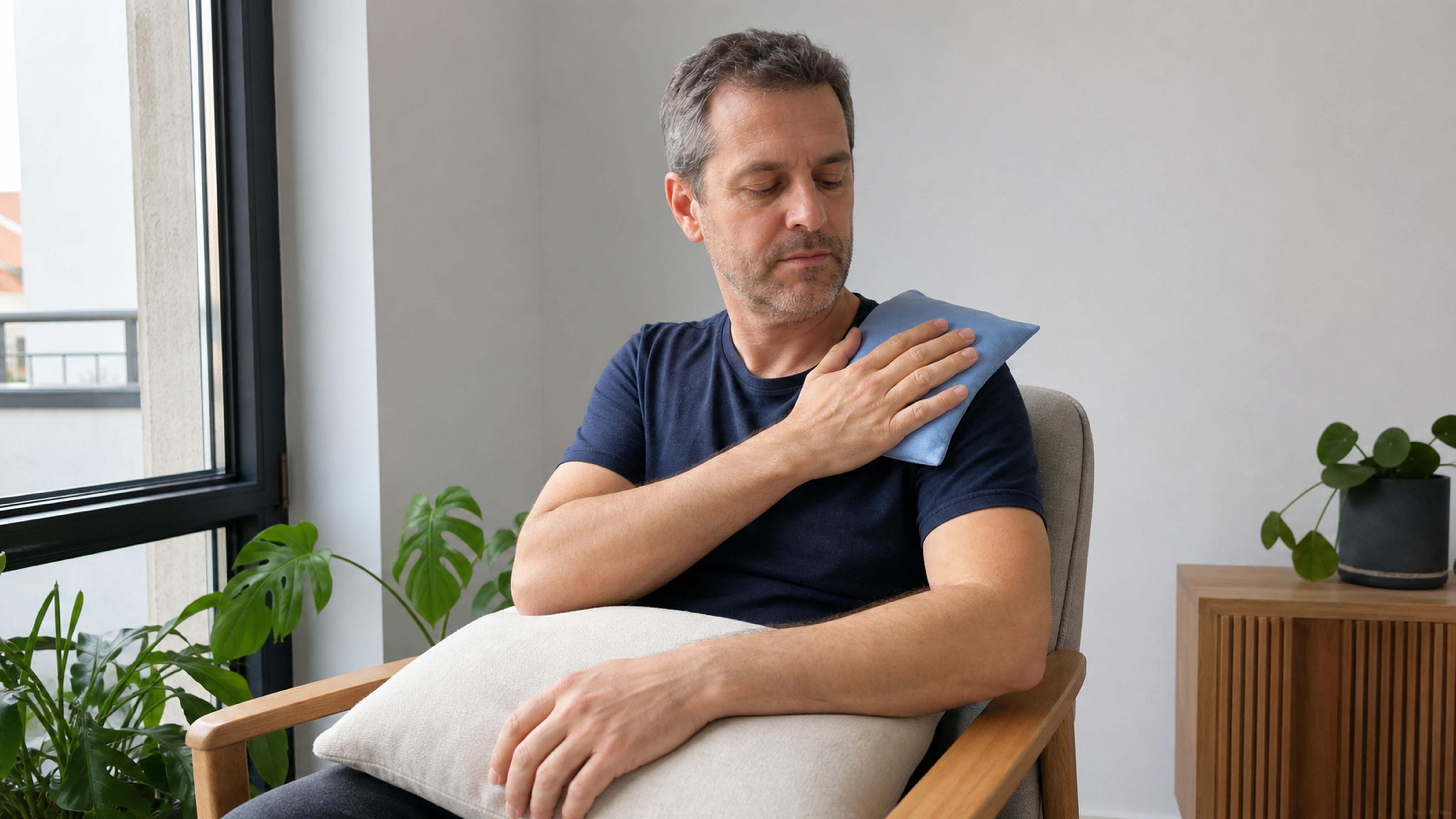 Homme au repos appliquant une compresse froide sur son épaule, le bras soutenu par un coussin.