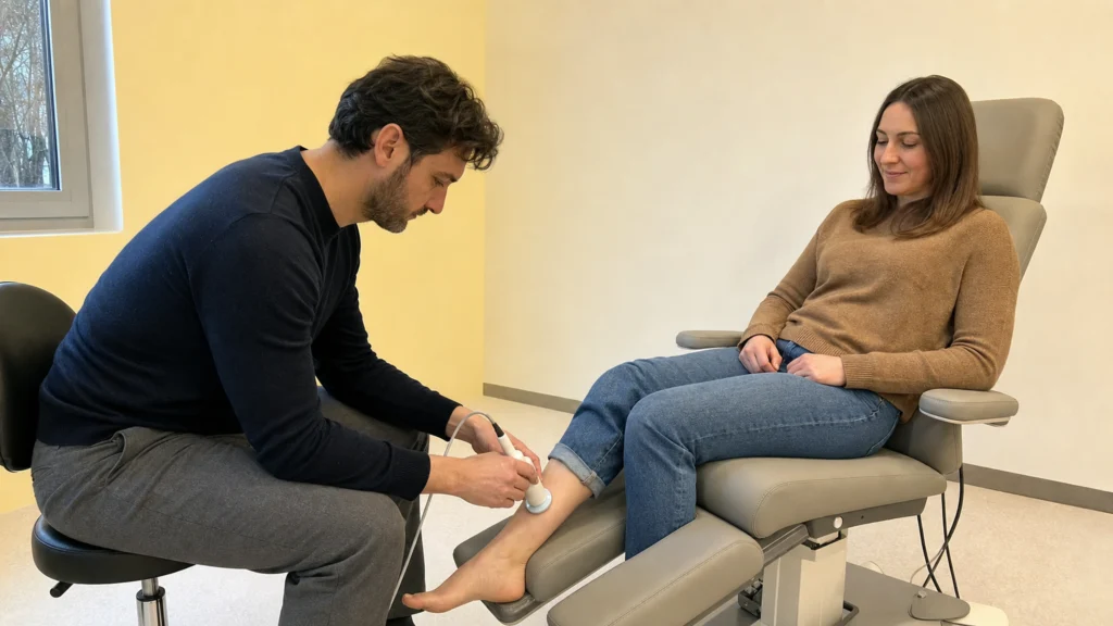 Professionnel de santé réalisant un test sensoriel non invasif sur la cheville d’une personne assise